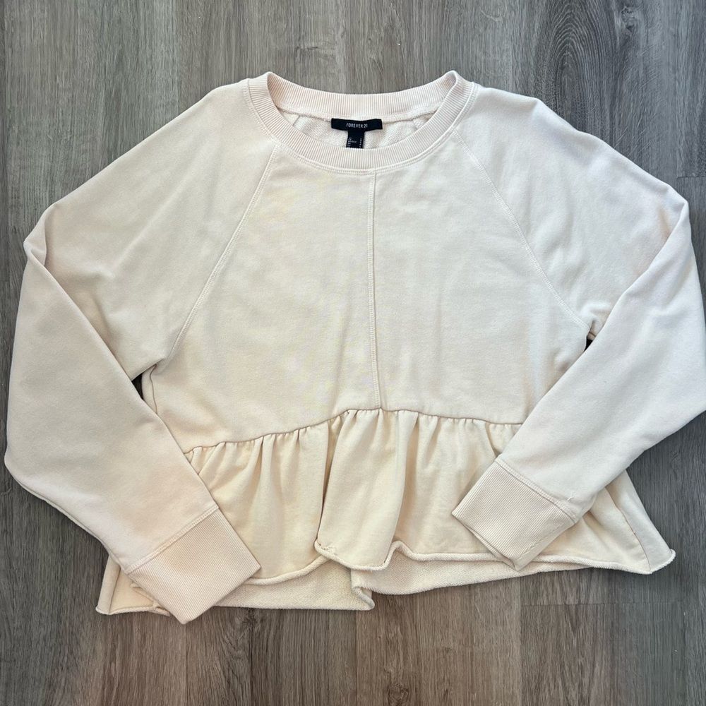 Forever 21 Cream Stitched Peplum Flutter Long Sleeve with Raw Hem